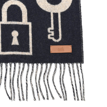 Hermes Cashmere Casaque Porte-Clefs Muffler Marine Beige Chine 3 of 4