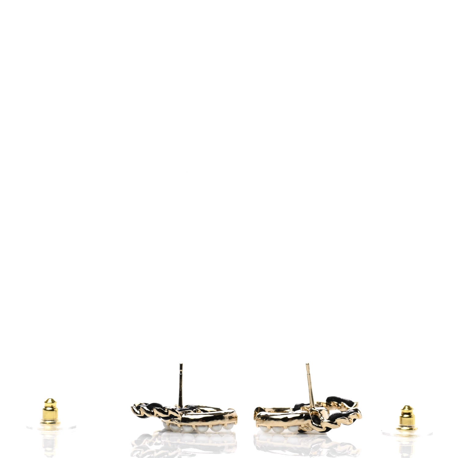 Chanel Pearl Lambskin Chain CC Stud Earrings Gold Black 3 of 5