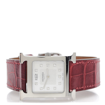 Hermes Stainless Steel Alligator Diamond Mother of Pearl 26mm Heure H Hour Quartz Watch Braise 3 of 8