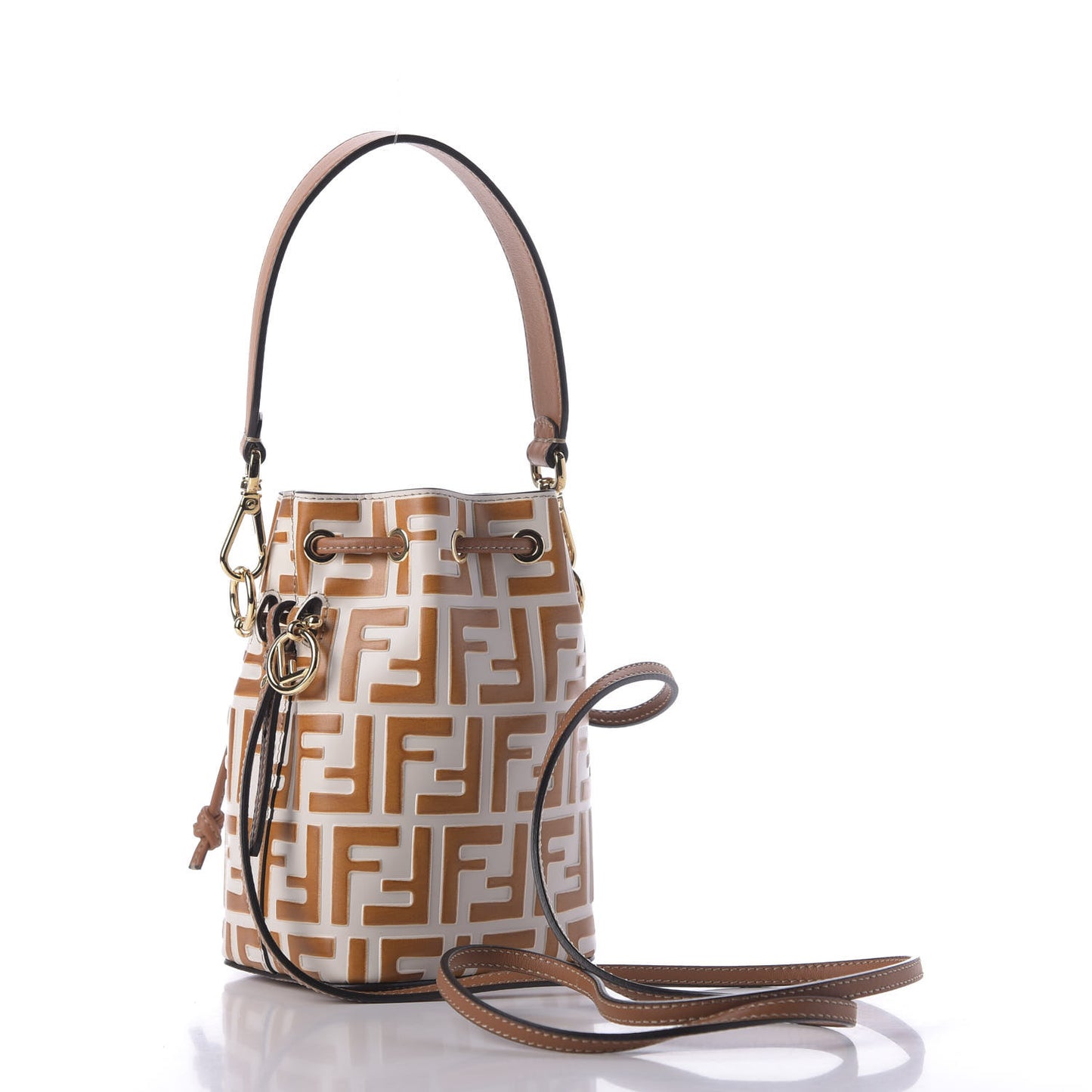 Vitello Grace F is Fendi Bi-Color FF 1974 Embossed Mini Mon Tresor Bucket Bag Camelia Saddler Brandy