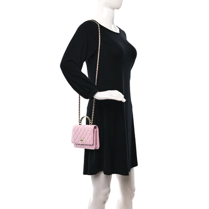 Chanel Lambskin Quilted Pearl Top Handle Wallet On Chain WOC Light Pink 2 of 11