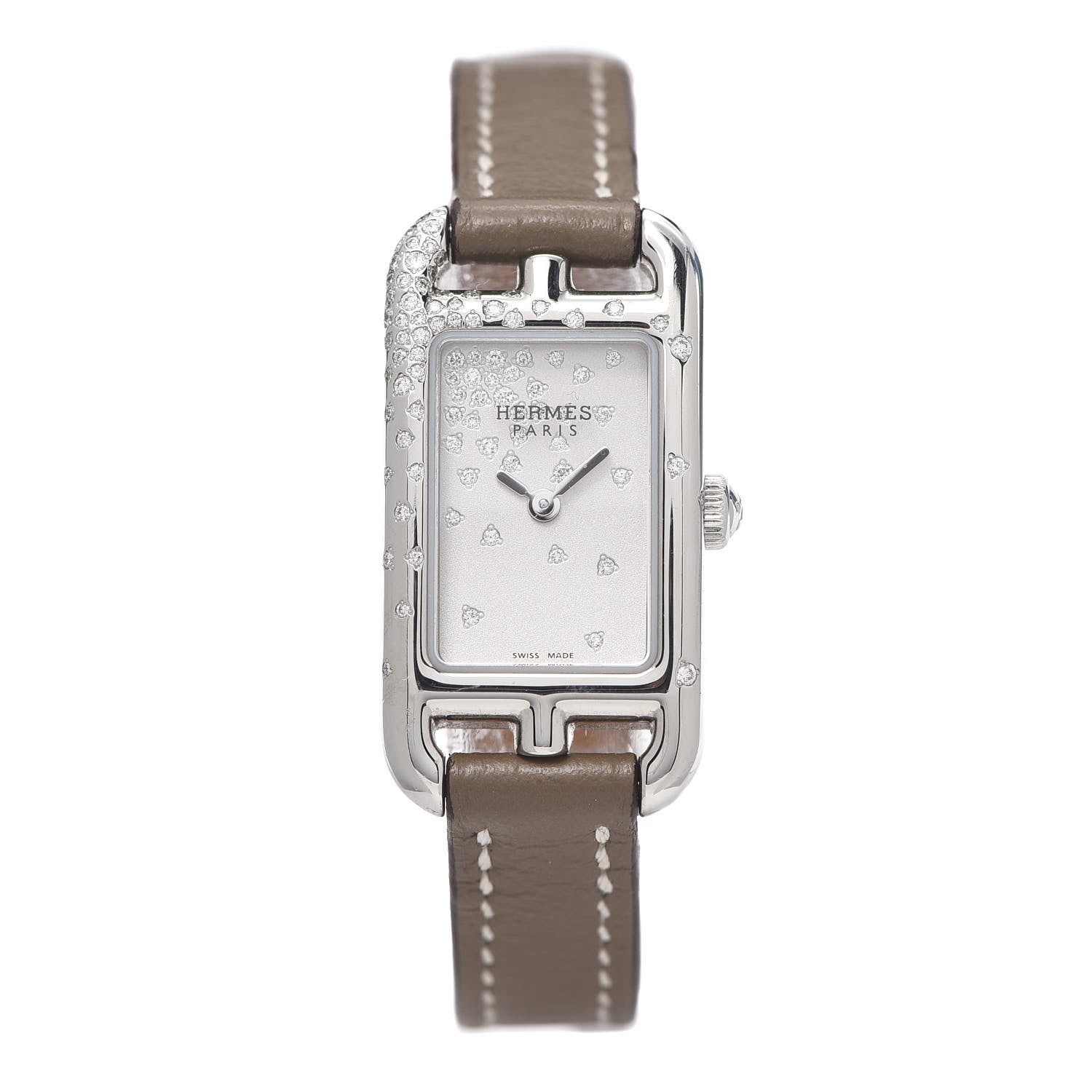 Hermes Stainless Steel Swift Diamond 17mm Nantucket Jete De Diamants Quartz Watch Etoupe 1 of 6