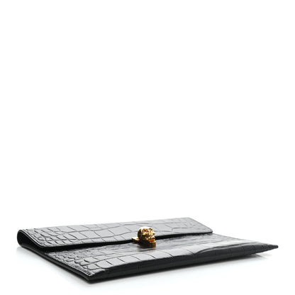 Alexander McQueen Calfskin Crocodile Embossed Skull Envelope Clutch Black 4 of 7