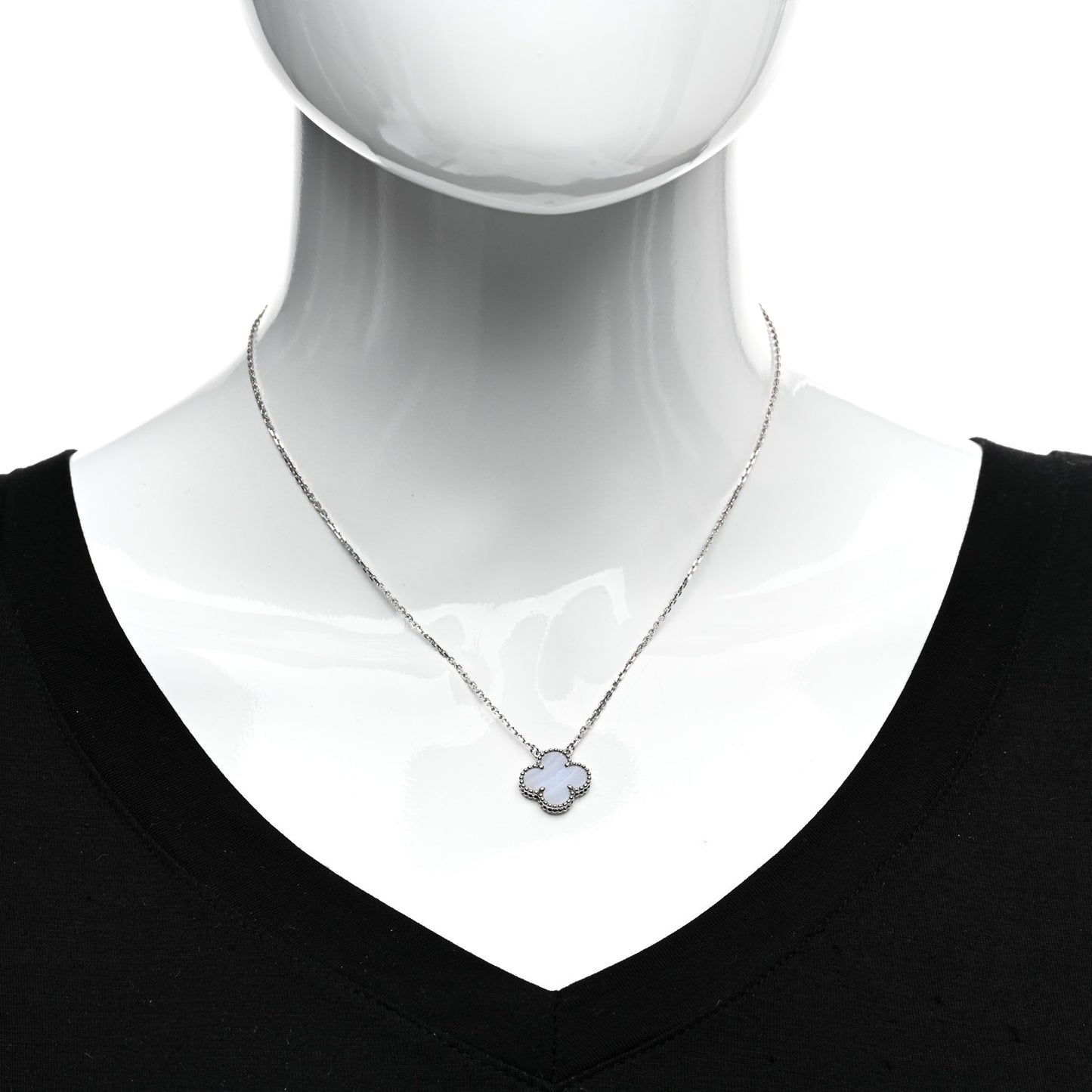 18K White Gold Chalcedony Vintage Alhambra Pendant Necklace