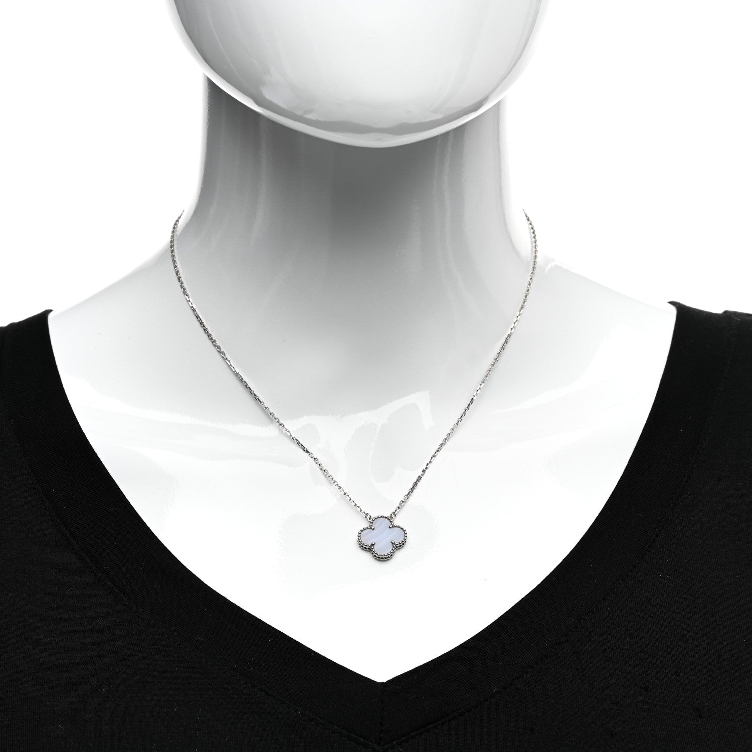 Van Cleef & Arpels 18K White Gold Chalcedony Vintage Alhambra Pendant Necklace 2 of 4
