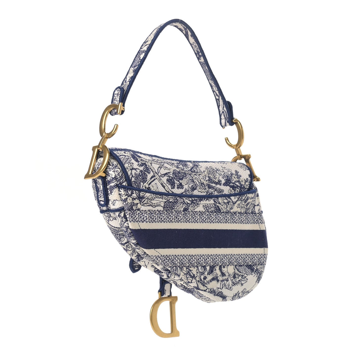Canvas Embroidered Toile de Jouy Saddle Bag Blue