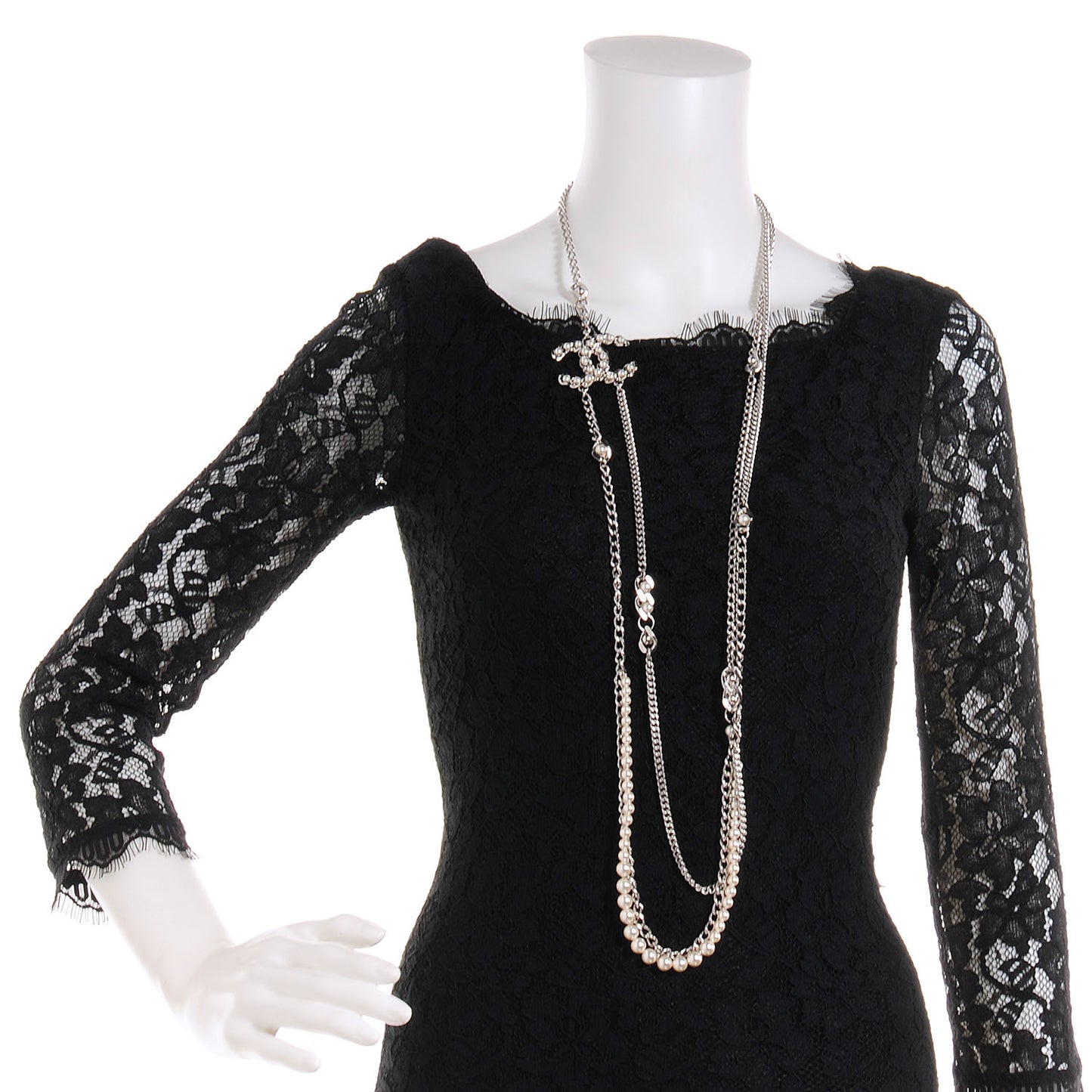 Pearl CC Long Chain Necklace Silver
