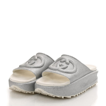 Gucci Glitter Rubber Womens Interlocking G Platform 42mm Slide Sandals 40 Silver 4 of 10