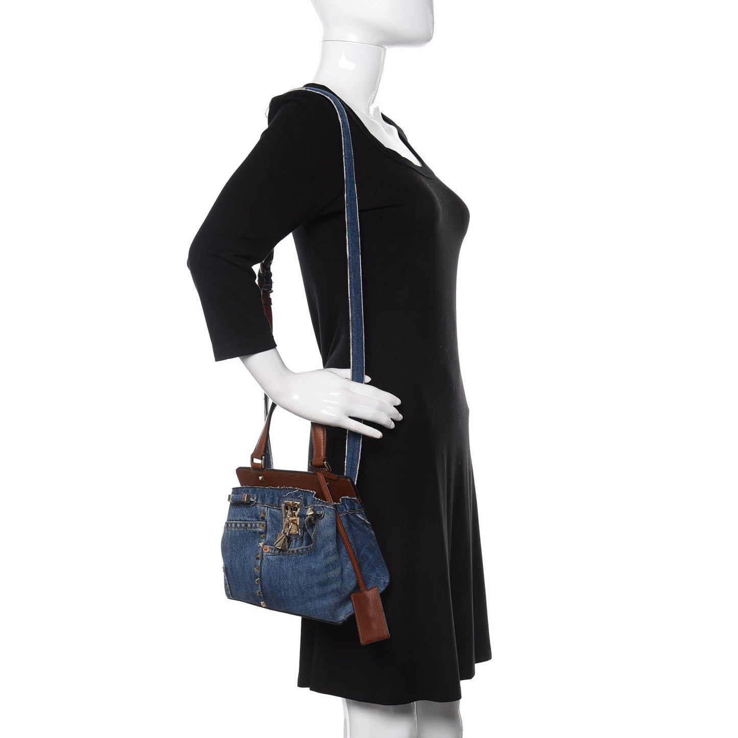 Calfskin Denim Rockstud Small Joylock Satchel Blue