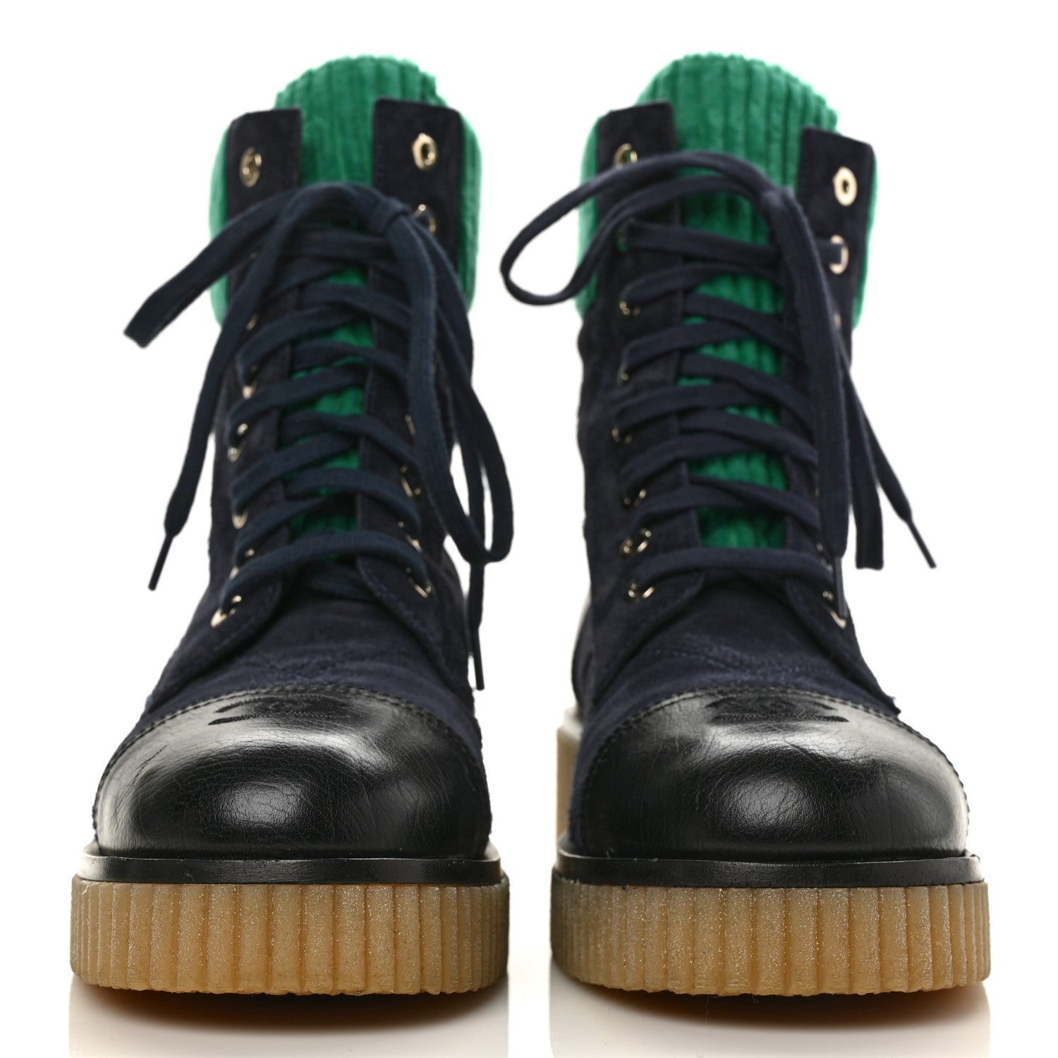 Chanel Suede Calfskin Velvet Quilted CC Combat Boots 39.5 Navy Green Black 2 of 9