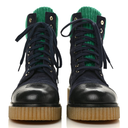 Chanel Suede Calfskin Velvet Quilted CC Combat Boots 39.5 Navy Green Black 2 of 9