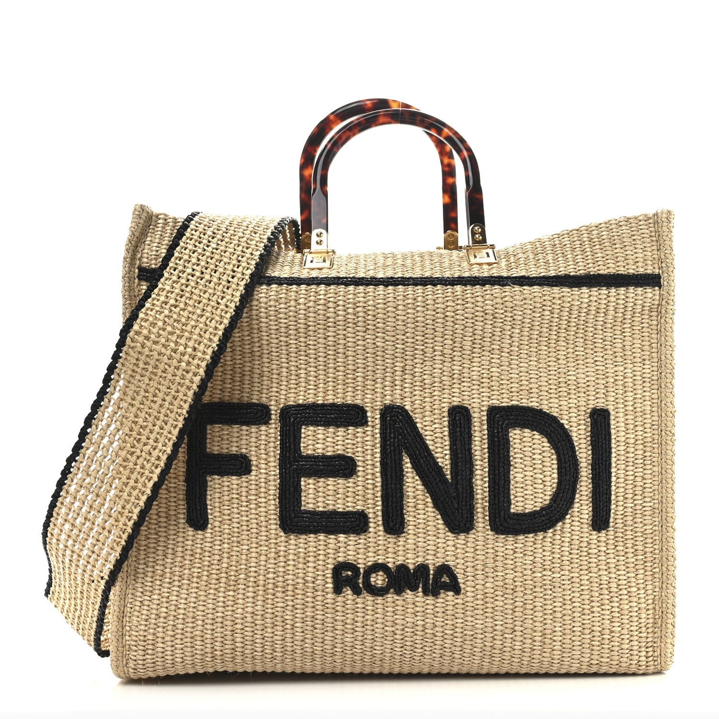 Straw Vitello King Plexiglass Woven Medium Fendi Sunshine Shopper Tote Natural Black