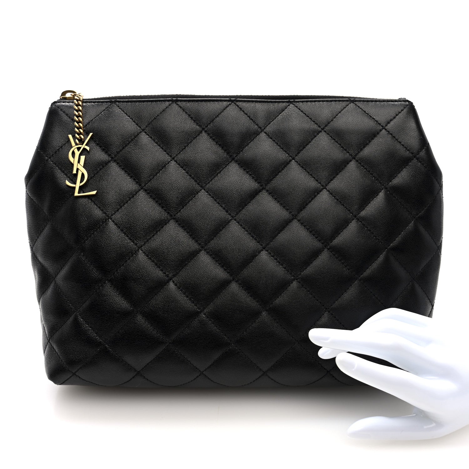 Saint Laurent Calfskin Quilted Embroidered Cassandre Large Cosmetic Pouch Black 2 of 6