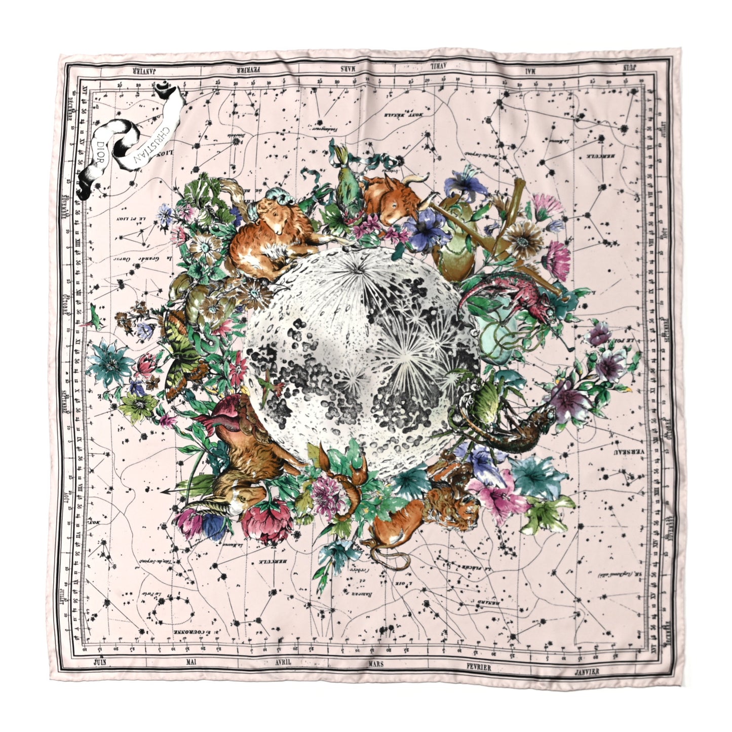 Silk Zodiac Square Scarf White