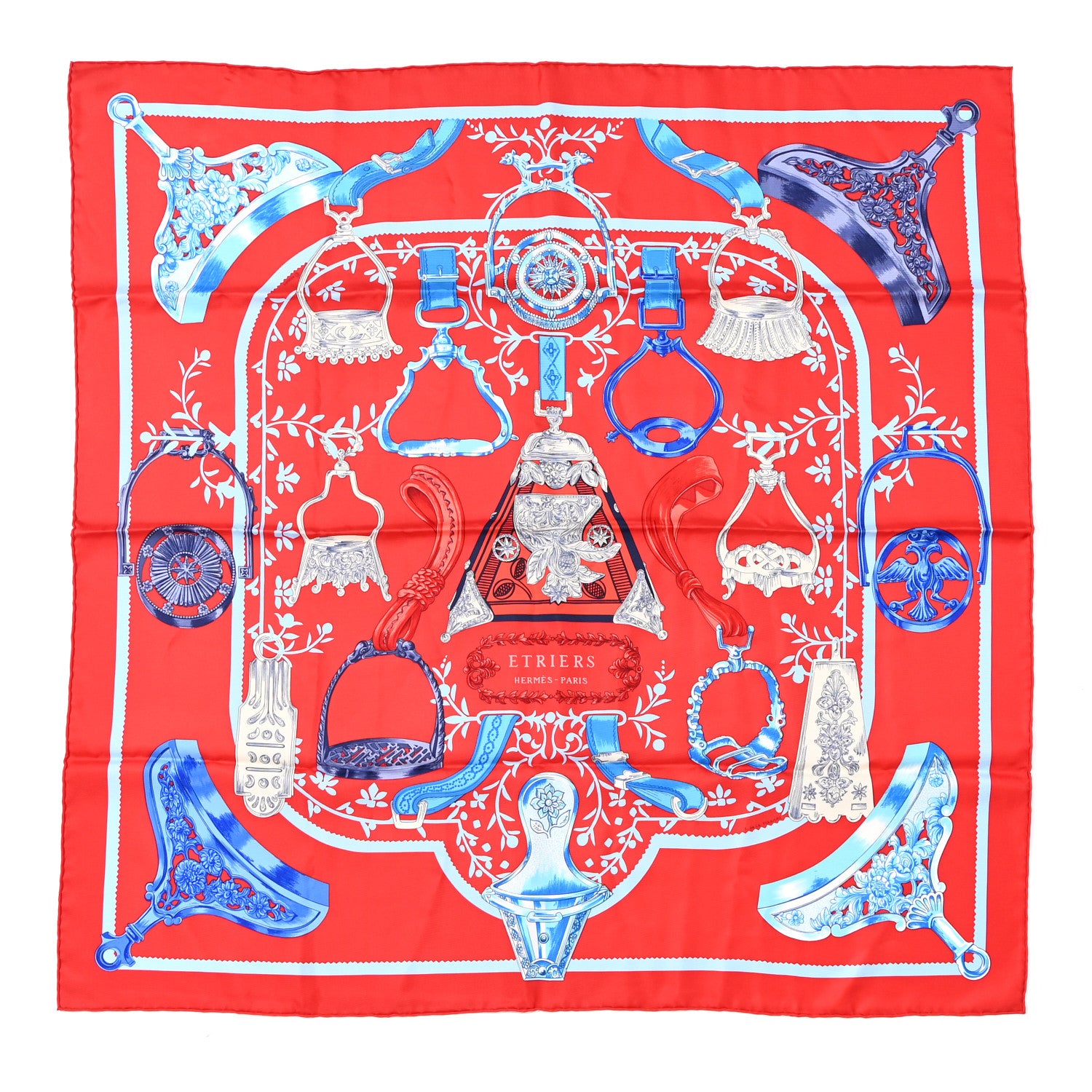 Hermes Silk Etriers Scarf 90 Rouge Vif Bleu 1 of 4