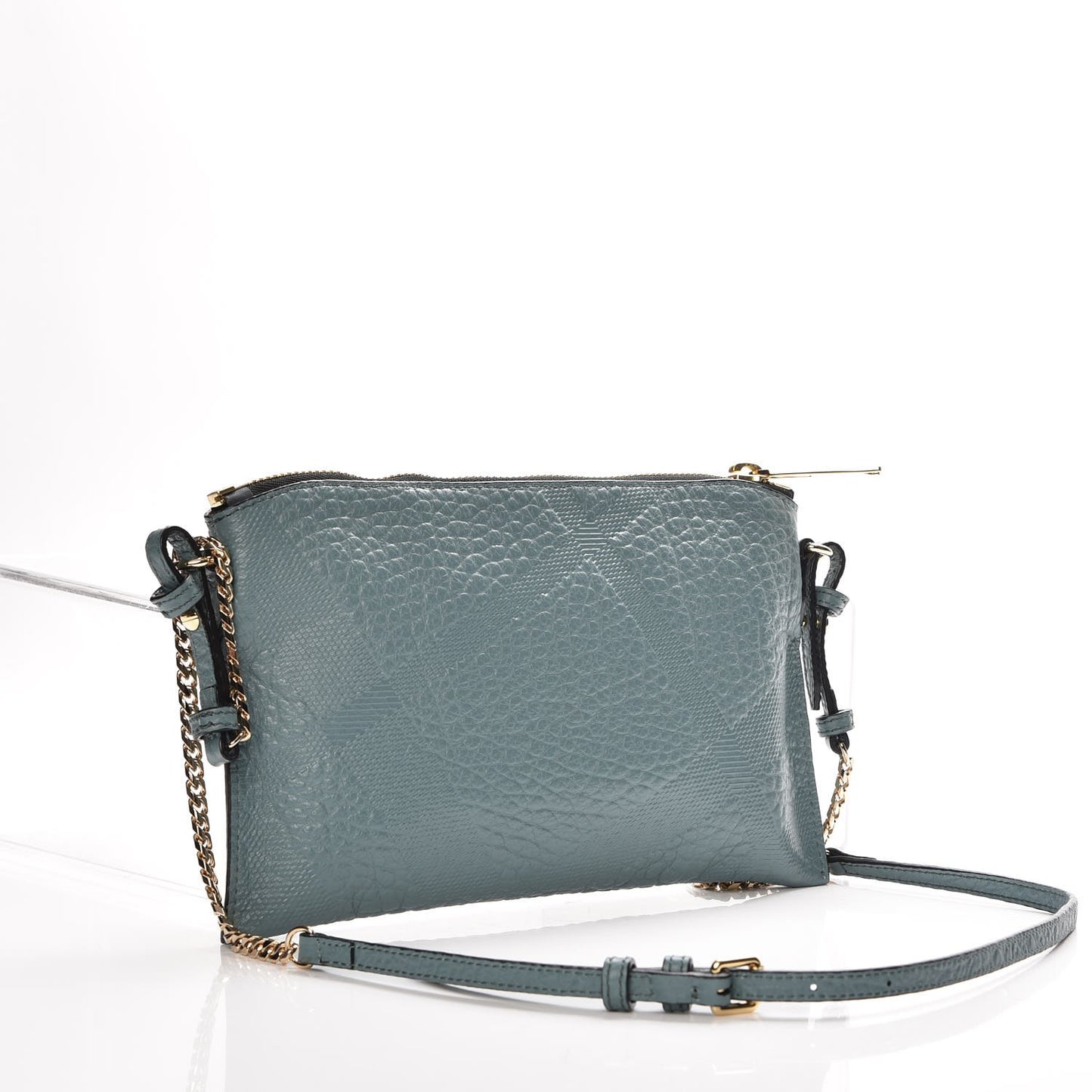 Signature Grain Calfskin Check Embossed Peyton Crossbody Clutch Bag Celadon Blue