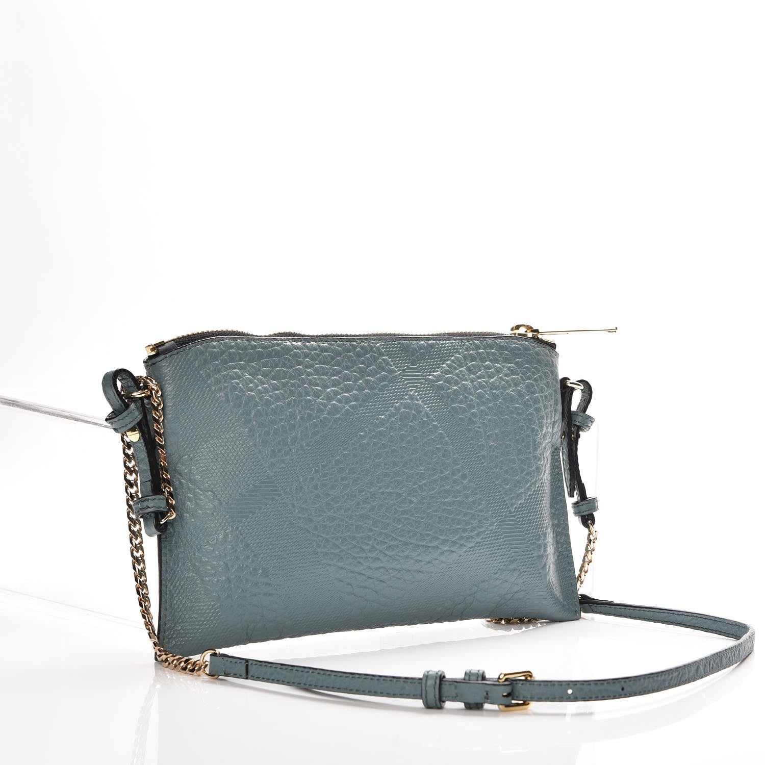Burberry Signature Grain Calfskin Check Embossed Peyton Crossbody Clutch Bag Celadon Blue 3 of 8