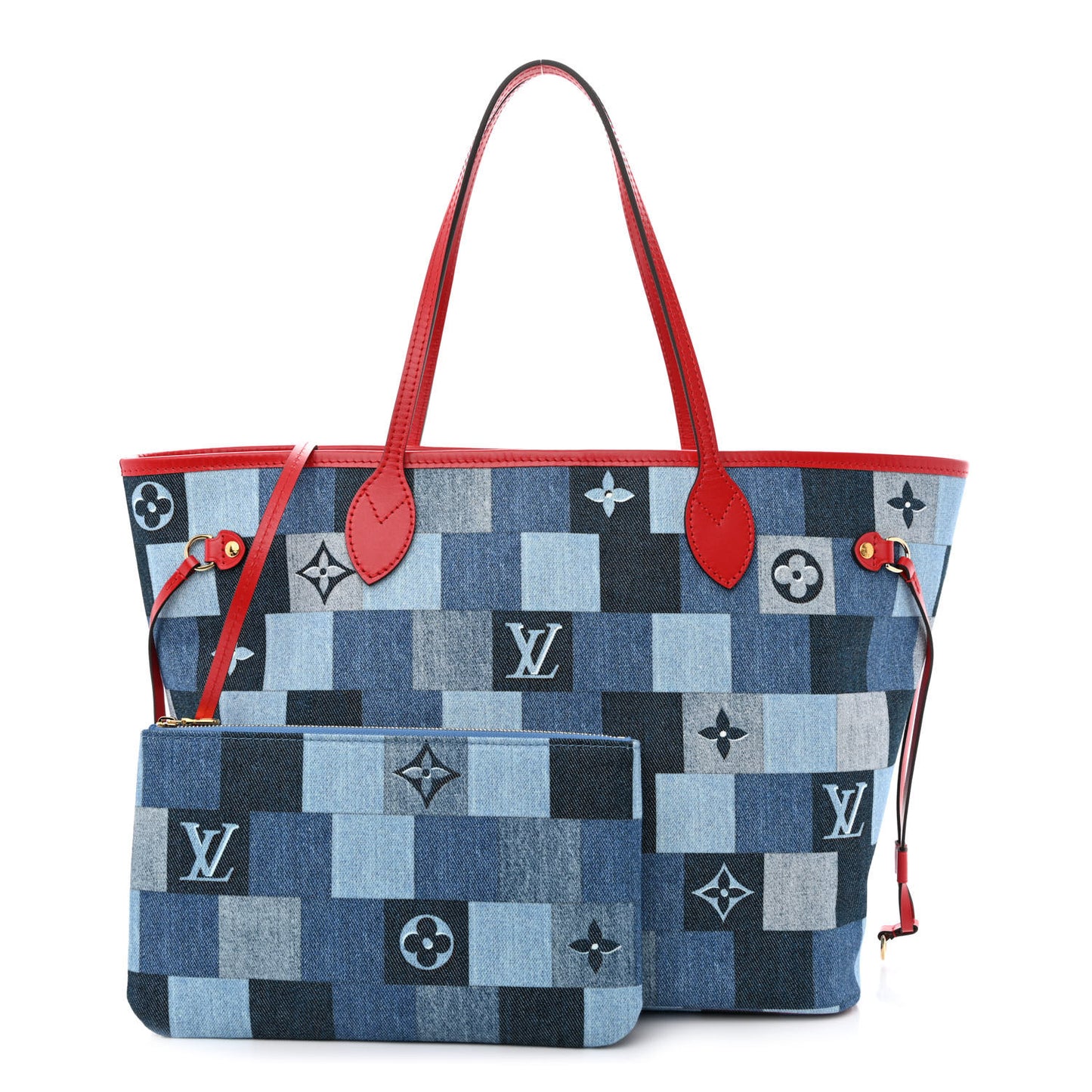 Denim Damier Monogram Patchwork Neverfull Blue Rouge