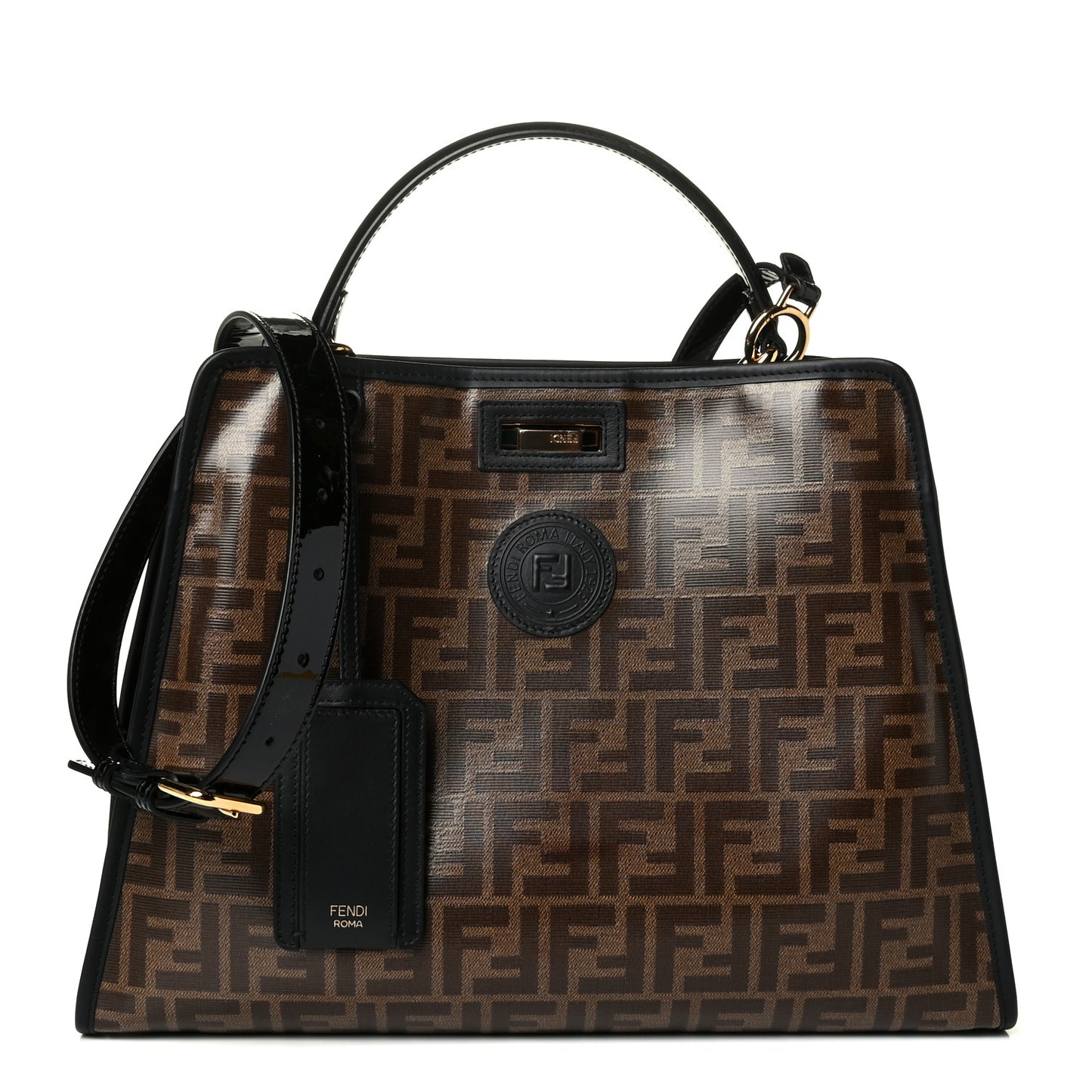 Patent Glazed Fabric FF 1974 Medium Peekaboo Iconic Defender Satchel Mogano Panna Black