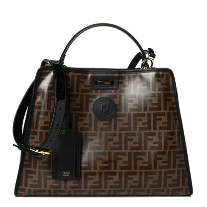 Fendi Patent Glazed Fabric FF 1974 Medium Peekaboo Iconic Defender Satchel Mogano Panna Black 1 of 6