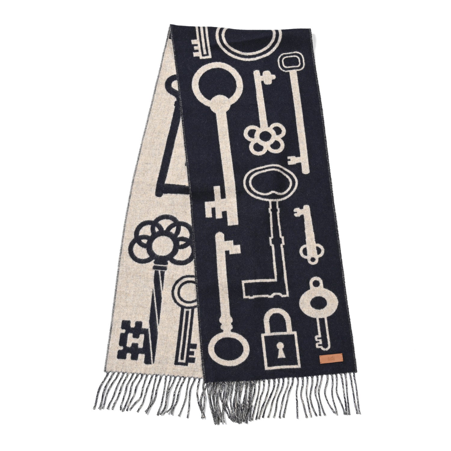 Hermes Cashmere Casaque Porte-Clefs Muffler Marine Beige Chine