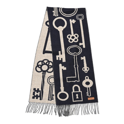 Hermes Cashmere Casaque Porte-Clefs Muffler Marine Beige Chine 2 of 4