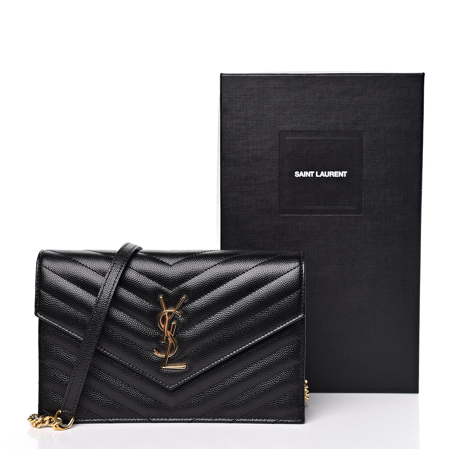 Grain De Poudre Matelasse Chevron Monogram Envelope Chain Wallet Black