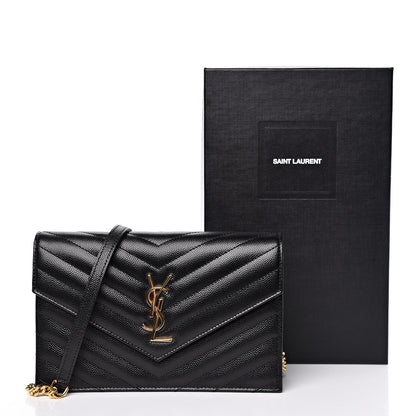 Saint Laurent Grain De Poudre Matelasse Chevron Monogram Envelope Chain Wallet Black 11 of 11