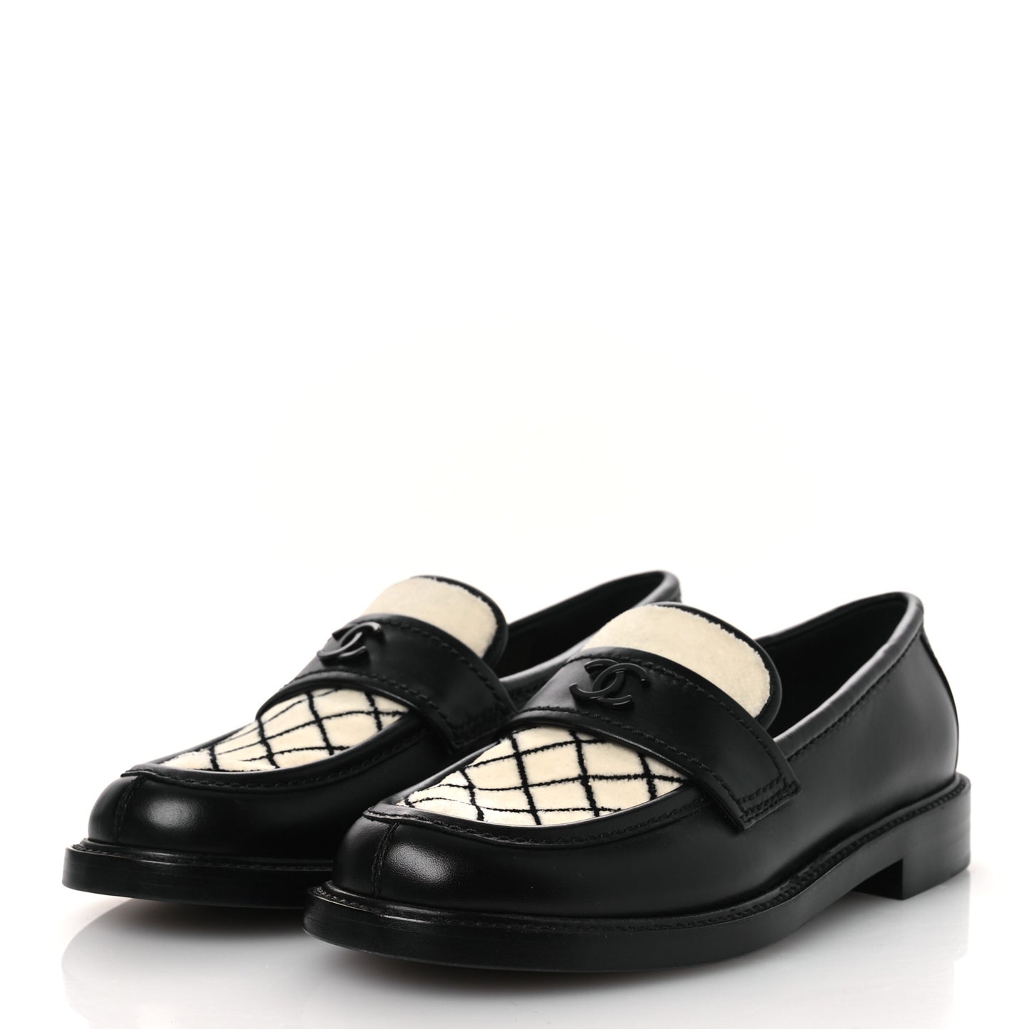 Calfskin Fabric Embroidered Quilted CC Loafers 37 Ivory Black
