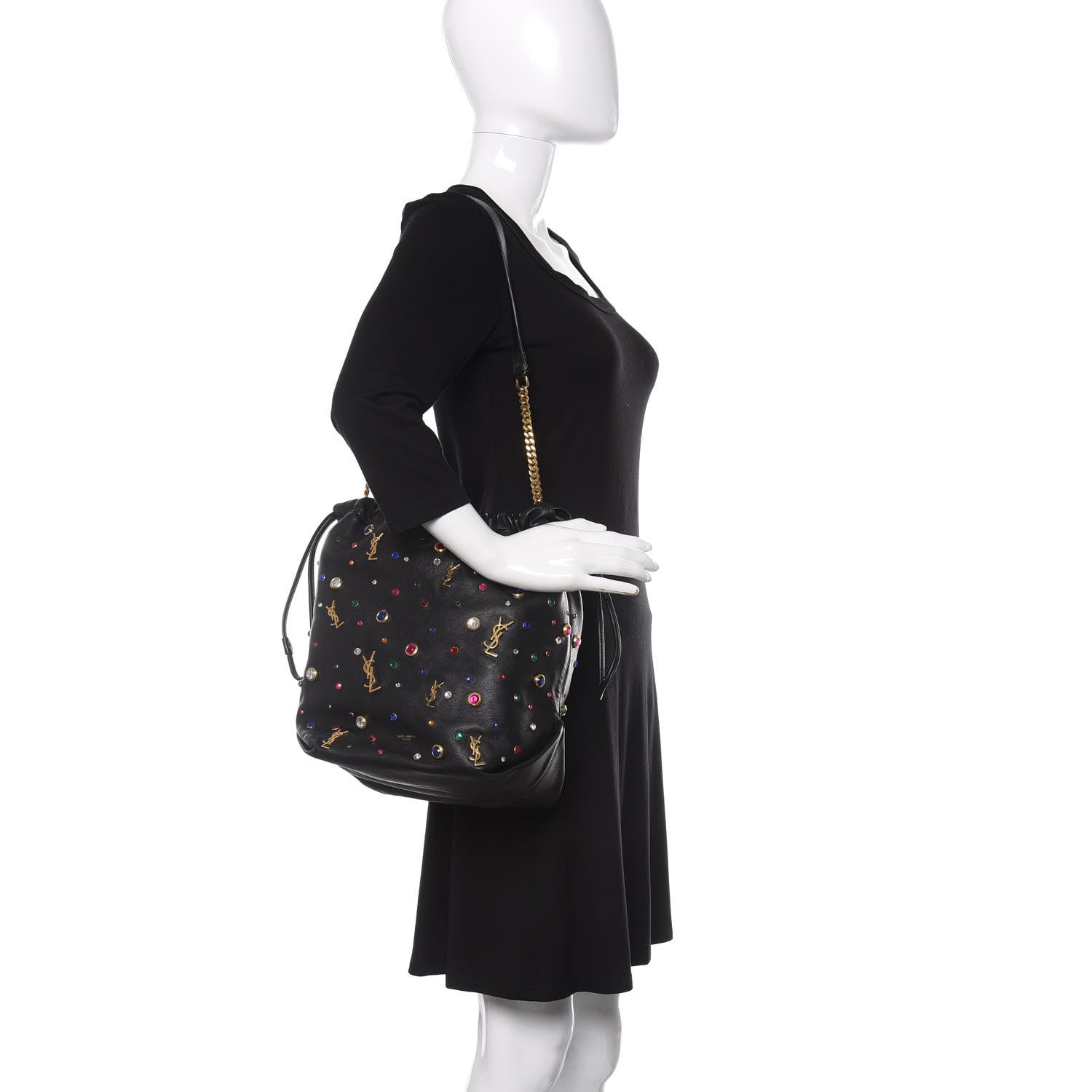 Saint Laurent Lambskin Charm Studded Teddy Drawstring Bag Black 2 of 14