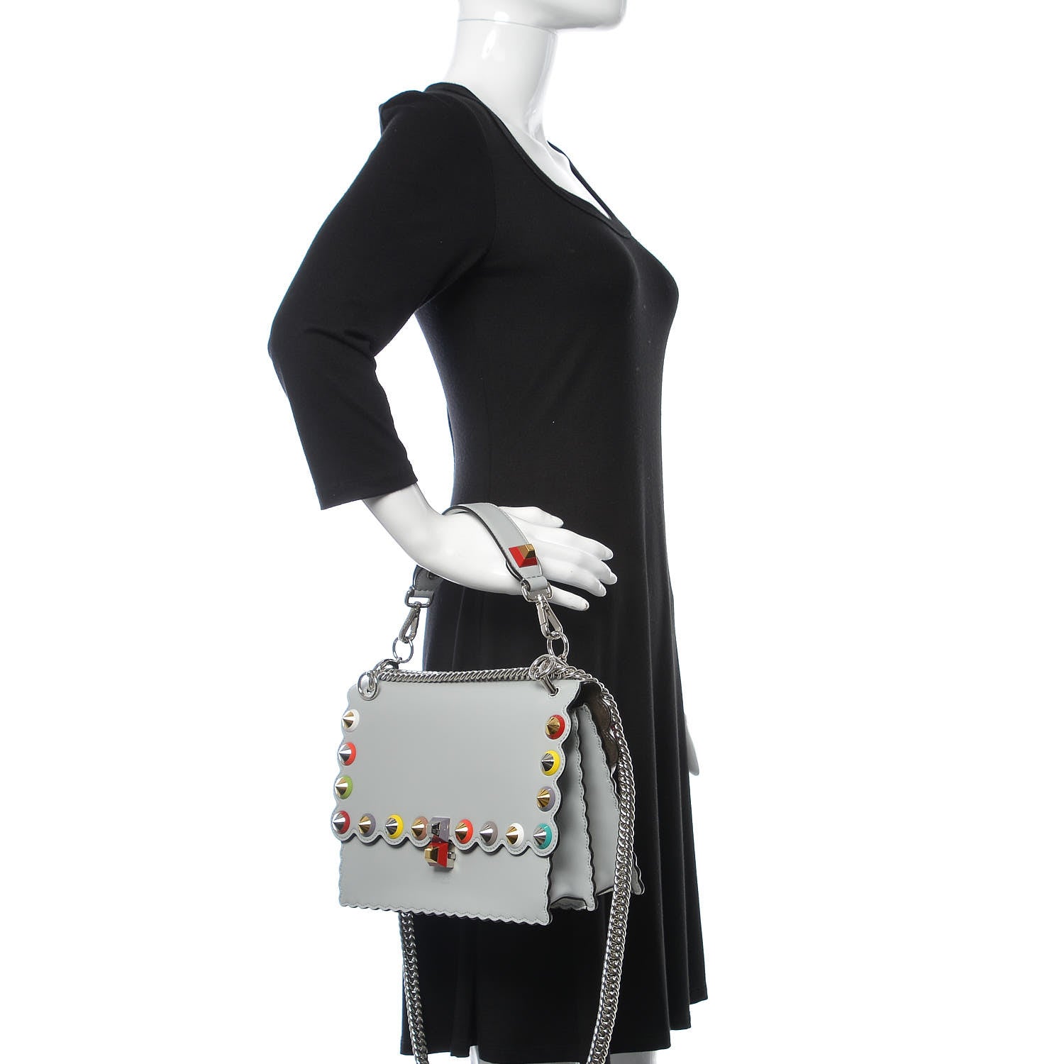 Fendi Vitello Liberty Scalloped Spike Studded Kan I Shoulder Bag Grigio Perla Multicolor 3 of 11