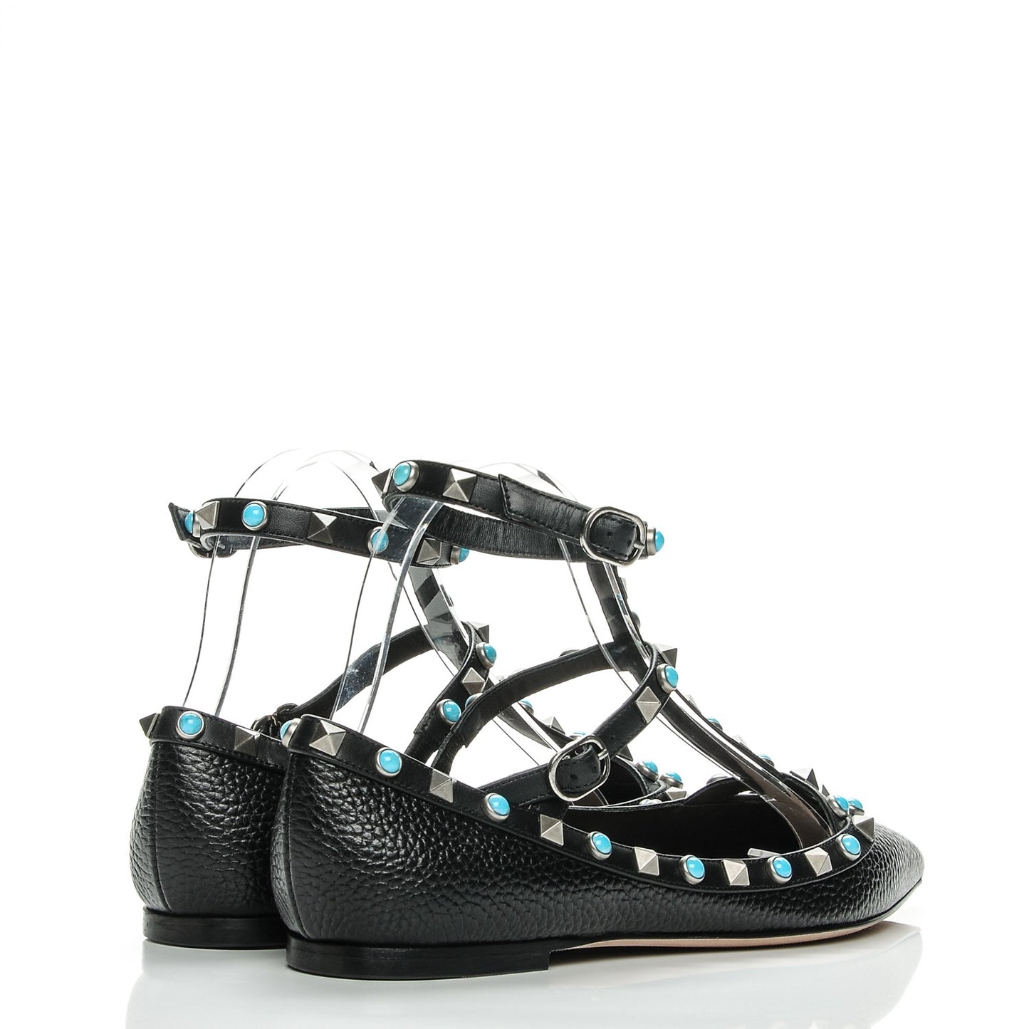 Pebbled Calfskin Rockstud Rolling Cage Ballerina Flats 37 Black