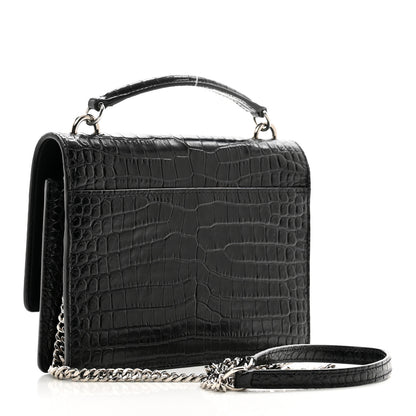 Saint Laurent Calfskin Crocodile Embossed Monogram Sunset Top Handle Chain Wallet Black 3 of 12
