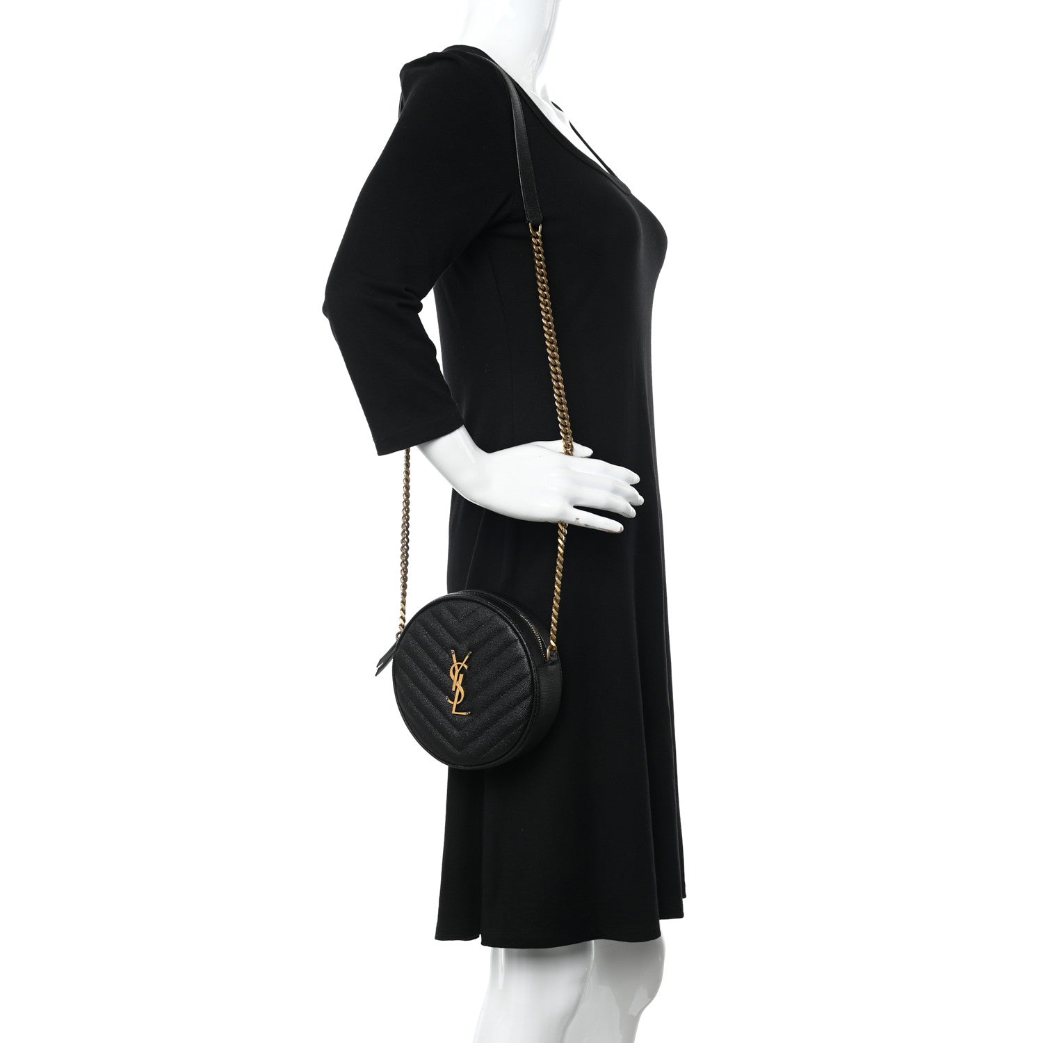 Saint Laurent Grain De Poudre Matelasse Chevron Quilted Round Vinyle Camera Bag Black 2 of 9