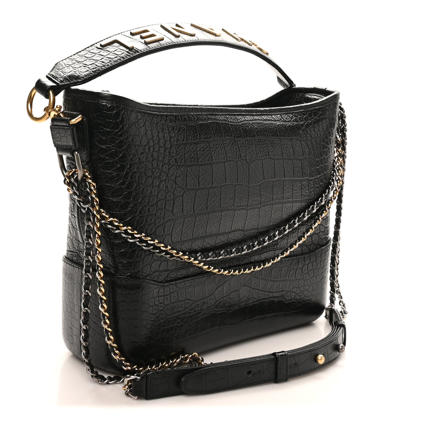 Crocodile Embossed Calfskin Medium Gabrielle Cocodile Hobo Black