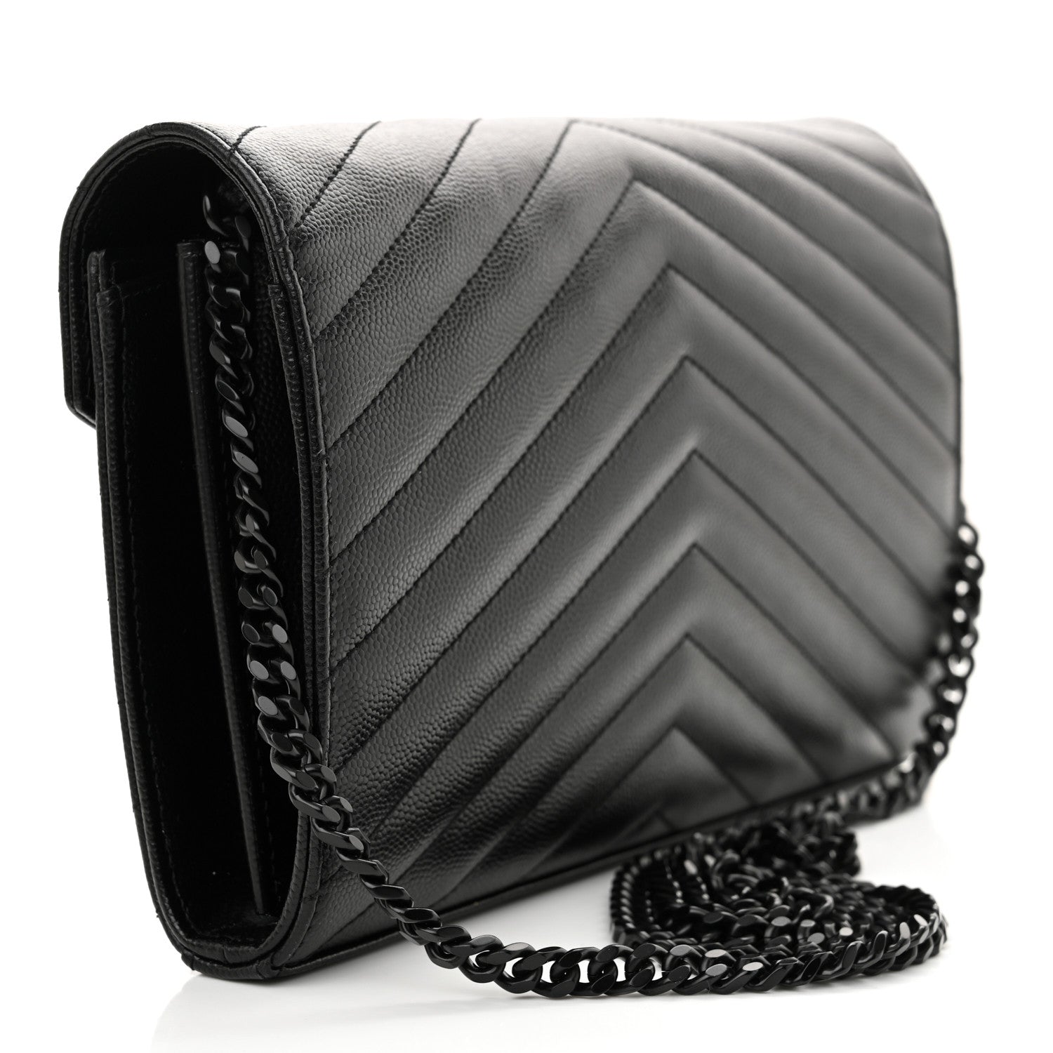 Saint Laurent Grain De Poudre Matelasse Chevron Monogram Monochrome Chain Wallet Black 3 of 11