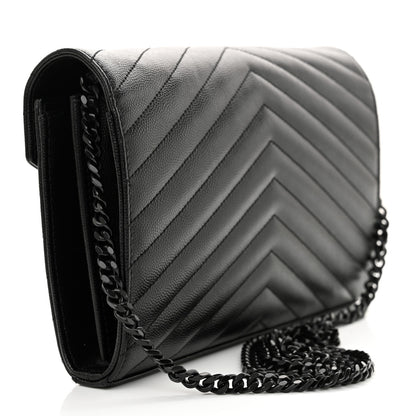 Saint Laurent Grain De Poudre Matelasse Chevron Monogram Monochrome Chain Wallet Black 3 of 11