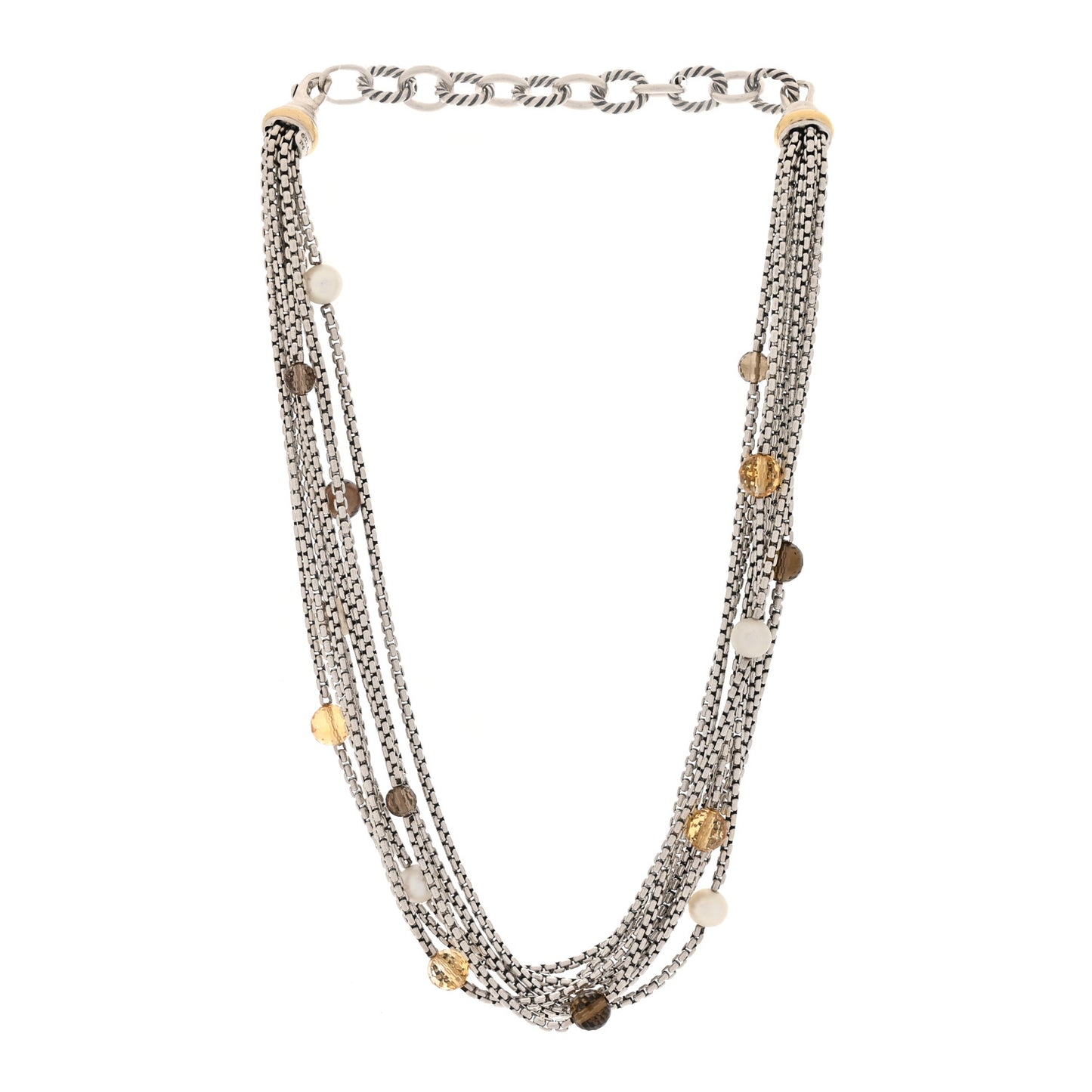 Sterling Silver 18K Yellow Gold Cultured Pearl Citrine Smokey Quartz Multi Strand Necklace