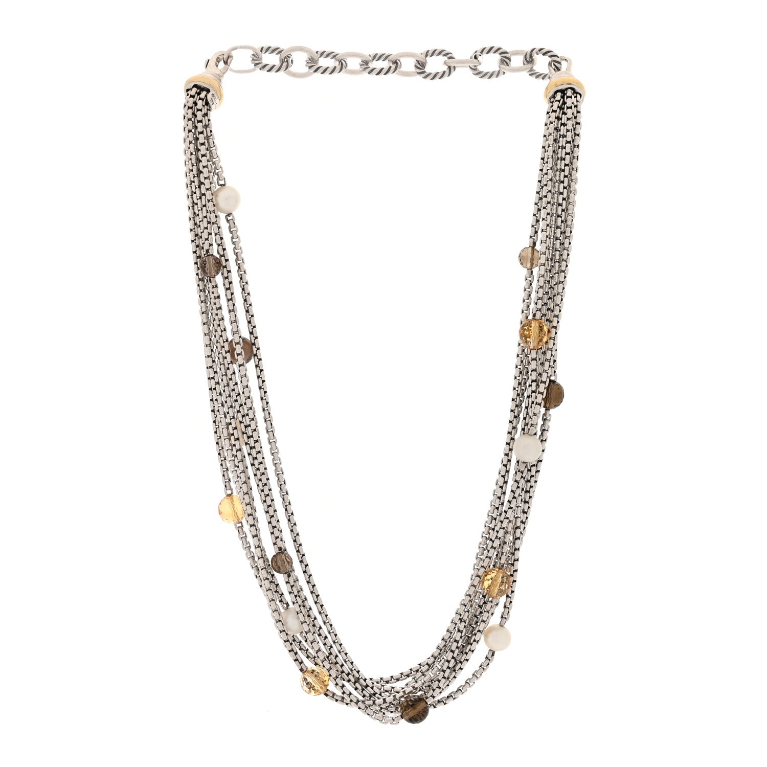 David Yurman Sterling Silver 18K Yellow Gold Cultured Pearl Citrine Smokey Quartz Multi Strand Necklace 3 of 5