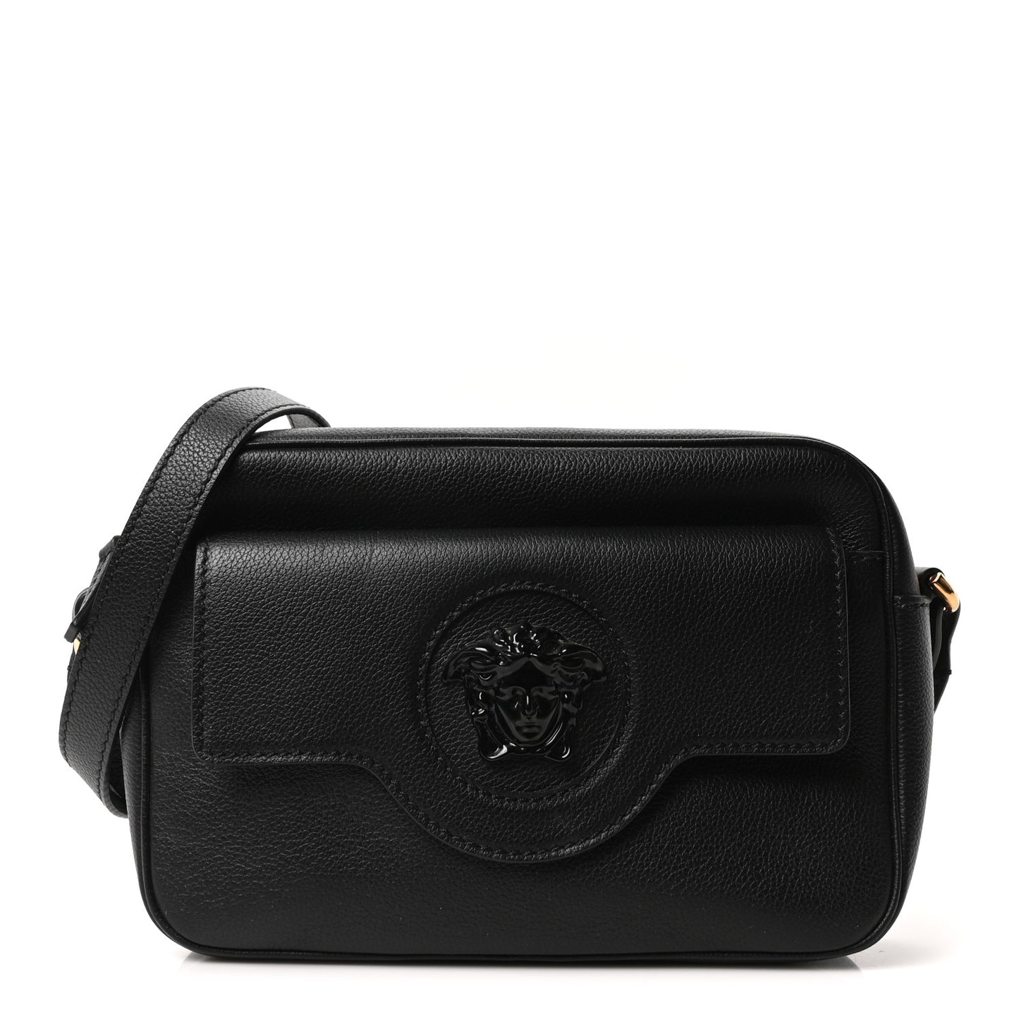 Grained Calfskin Medusa Camera Bag Black