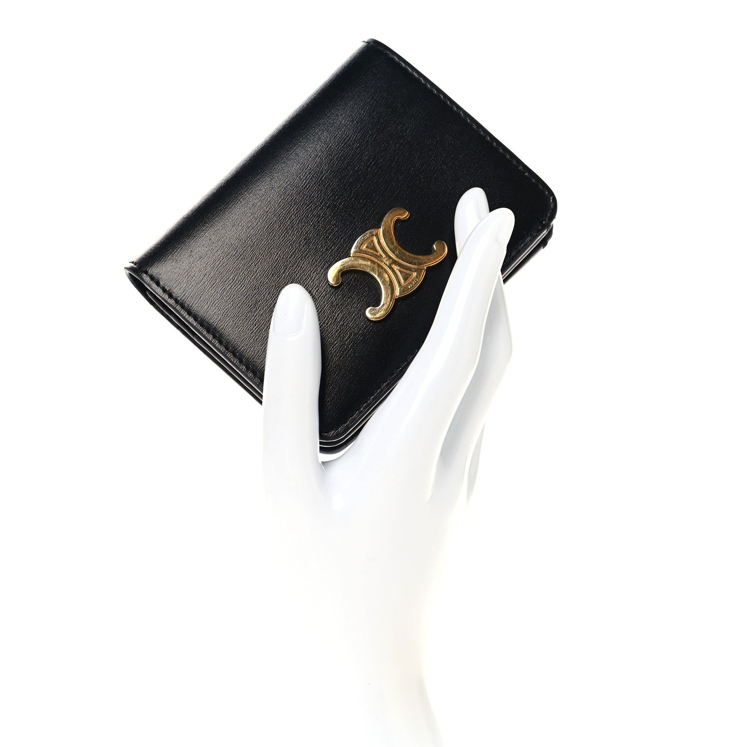 Celine Shiny Calfskin Triomphe Compact Wallet Black 1877826