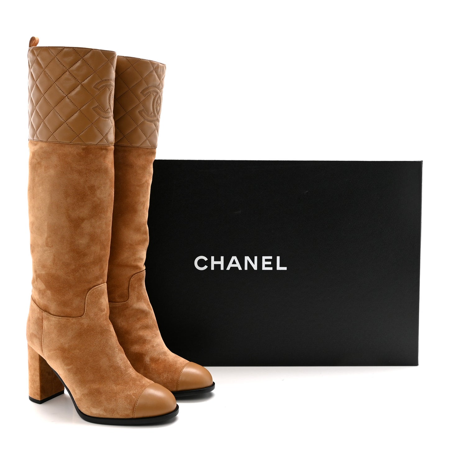 Suede Calfskin Lambskin Quilted Knee High Heel Boots 38 Beige