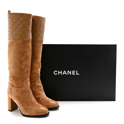 Chanel Suede Calfskin Lambskin Quilted Knee High Heel Boots 38 Beige 9 of 9