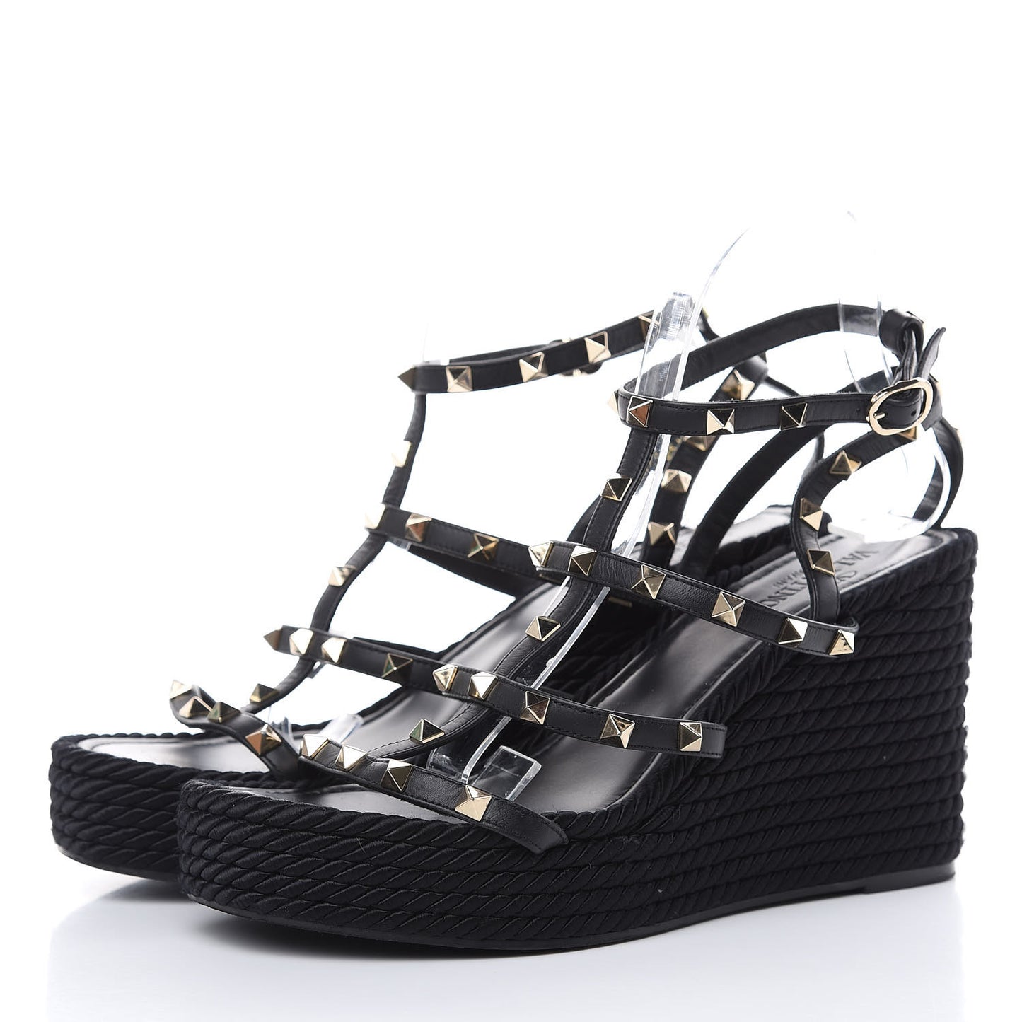 Calfskin Rockstud Ankle Strap Torchon Espadrille Caged 25/95mm Wedge Sandals 41 Black