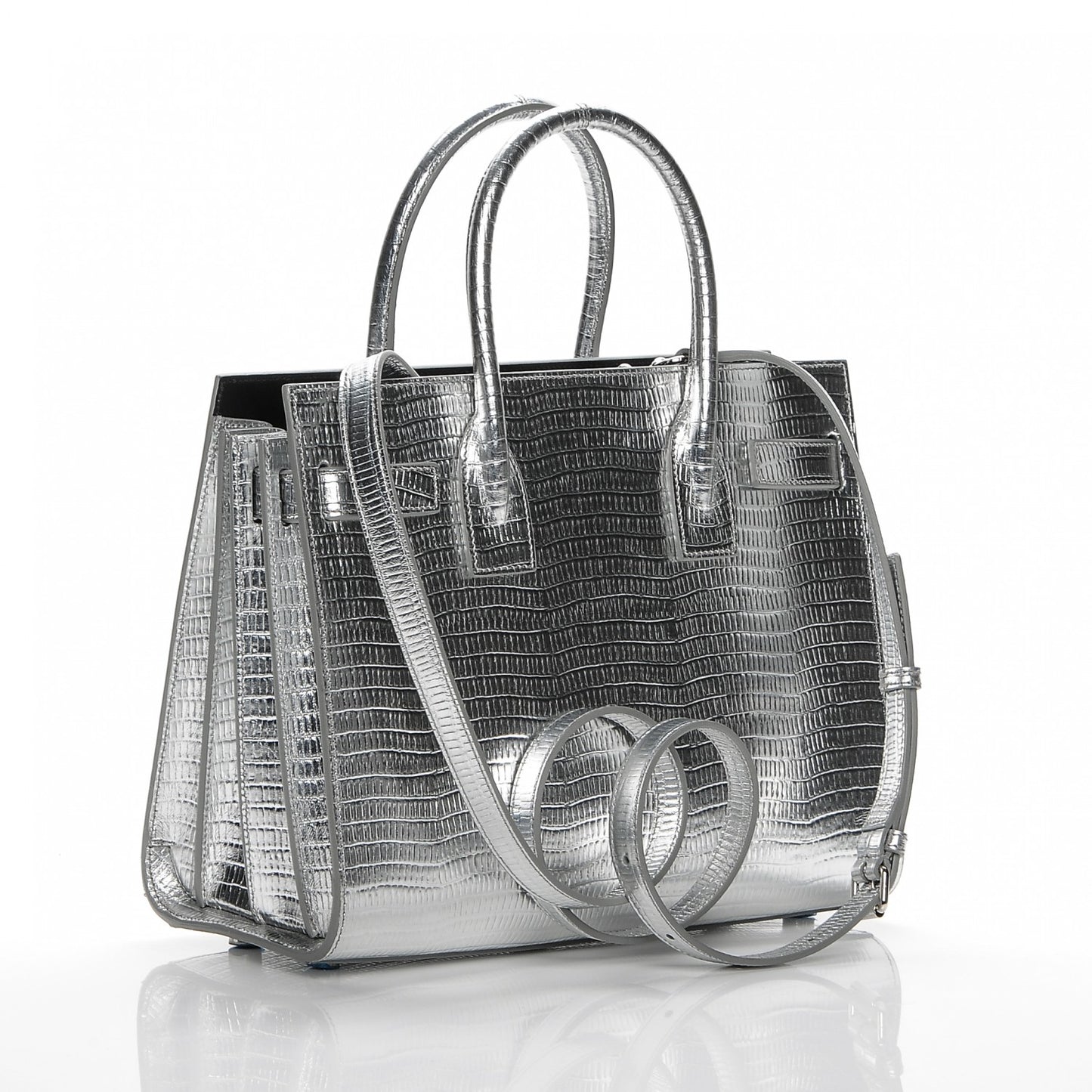 Metallic Lizard Calfskin Embossed Baby Sac De Jour Argento Nero