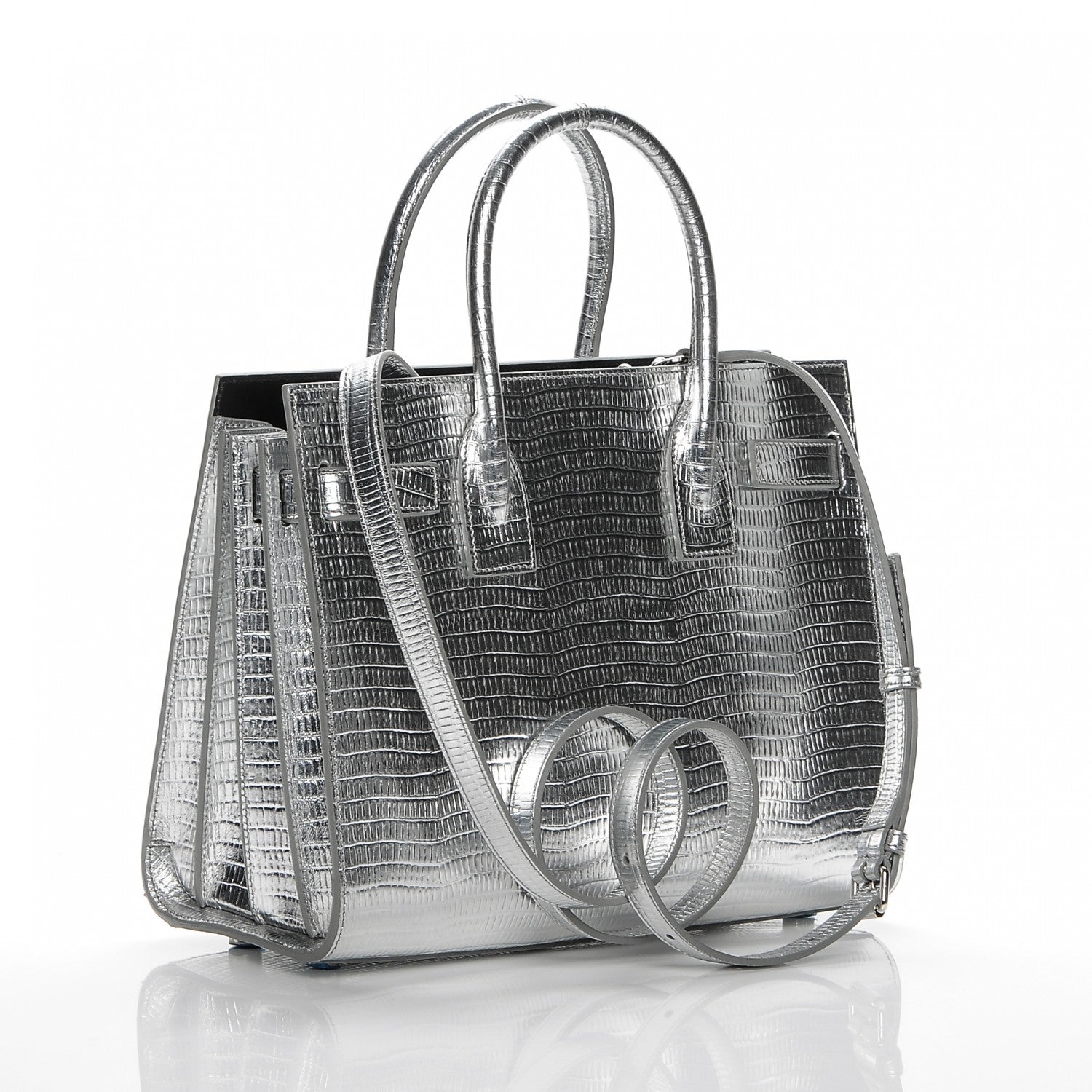 Saint Laurent Metallic Lizard Calfskin Embossed Baby Sac De Jour Argento Nero 3 of 6