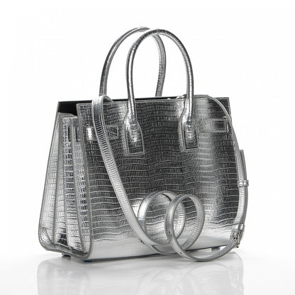 Saint Laurent Metallic Lizard Calfskin Embossed Baby Sac De Jour Argento Nero 3 of 6