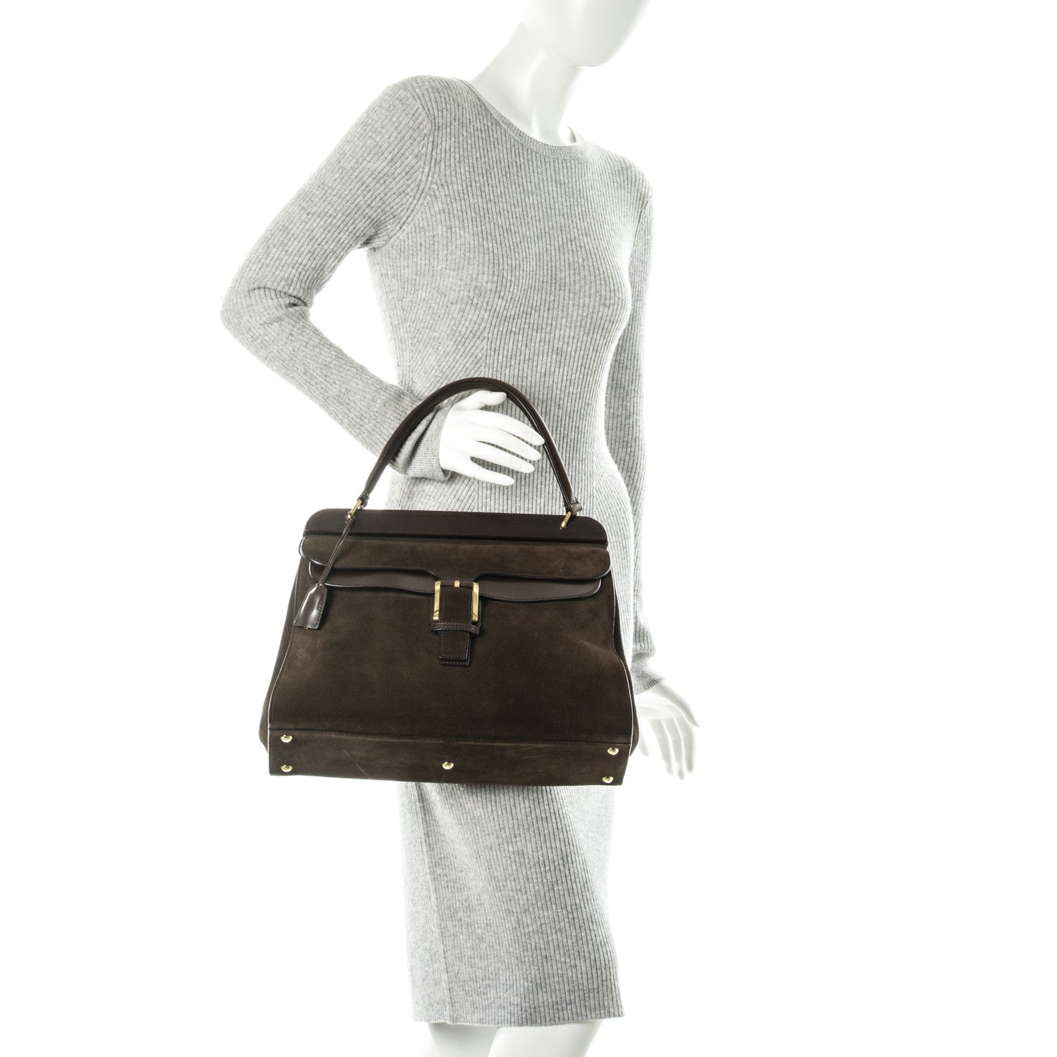 Gucci Calfskin Suede Top Handle Satchel Dark Brown 2 of 8