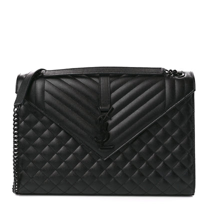 Saint Laurent Grain De Poudre Textured Mixed Matelasse Large Triquilt Monogram Monochrome Satchel Black 1 of 12