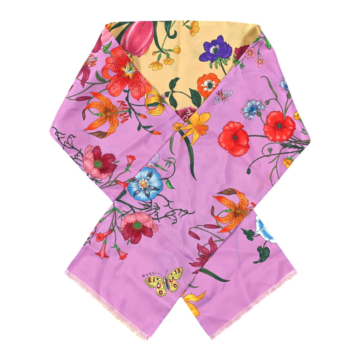 Gucci Silk Twill Flora Long Scarf Beige Pink 1 of 3